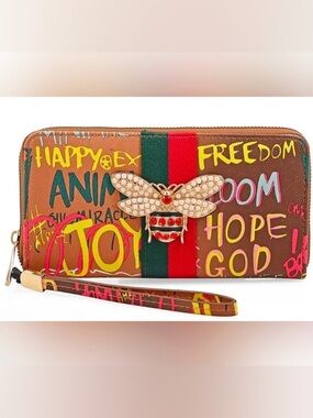 Alba Brown Graffiti Wristlet with Green and Red Web Stripe and Bee Accent